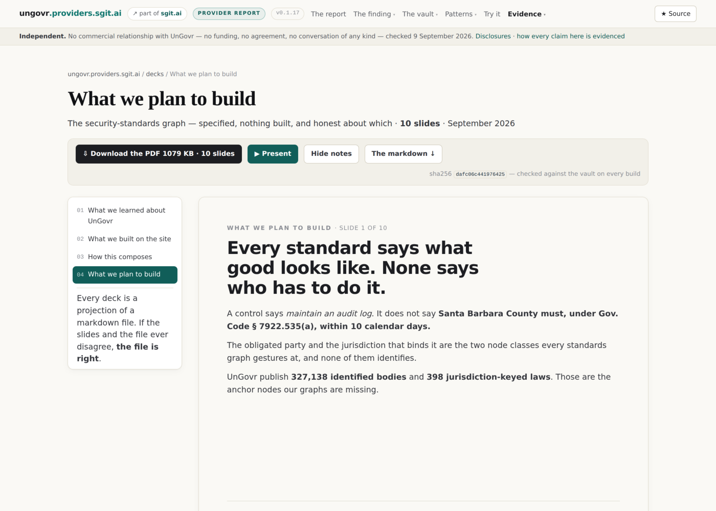 A deck page: slides stacked and printable, with present mode and the notes toggle on top.