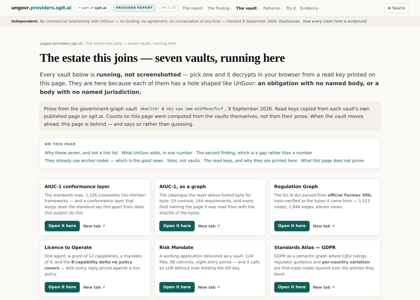 Seven vaults from across the family, each opening in the page from its own read key.