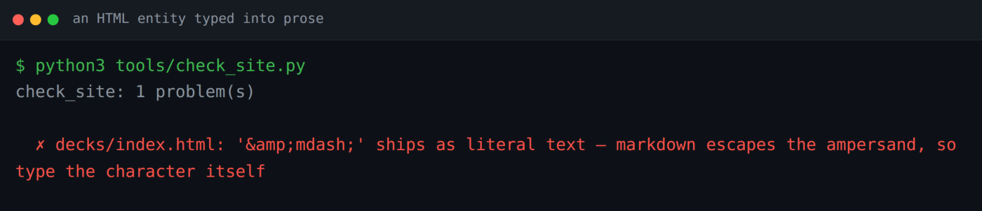 Real output: an HTML entity typed into prose, which ships as six literal characters.
