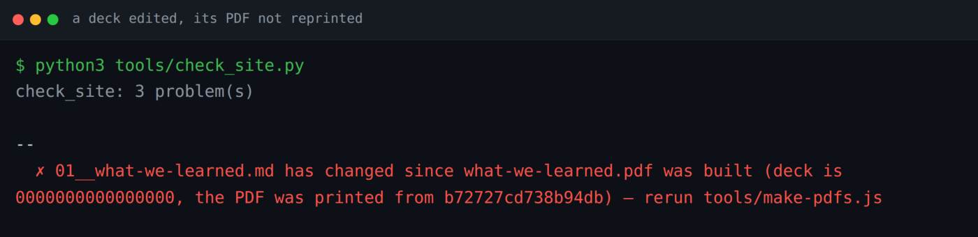 Real output: a deck's words moved and its PDF not reprinted.