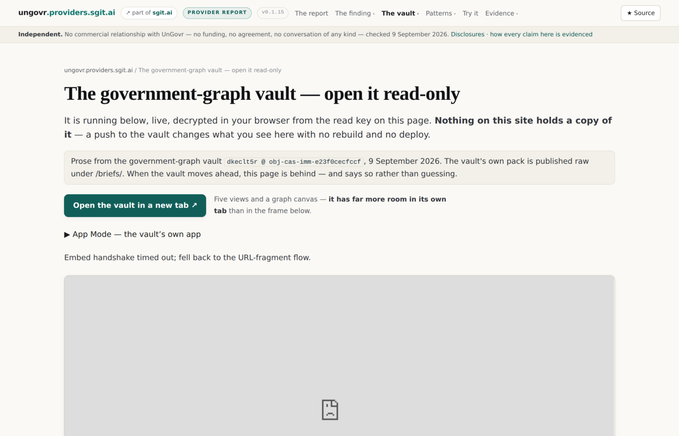 The vault, running live on the page from a read key printed beside it.