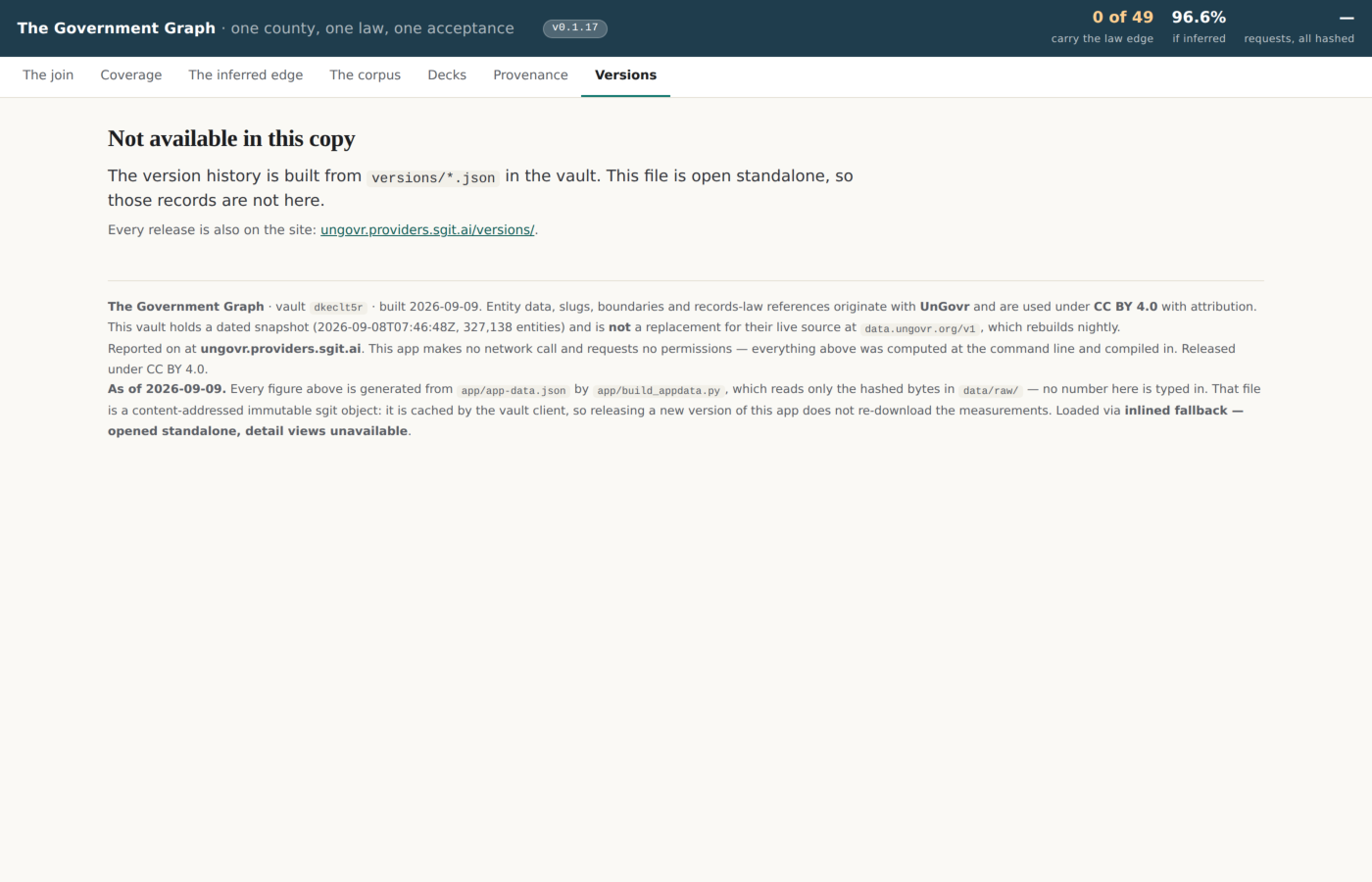 The vault app's Versions view, rendered from versions/*.json — the pill in the header opens it here.