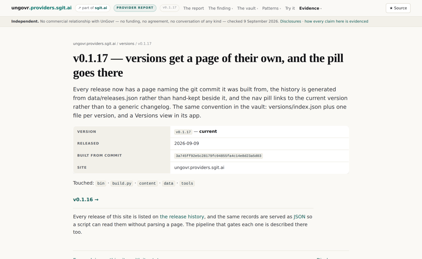 Every release names the commit it was built from — the gate refused this one when it did not.